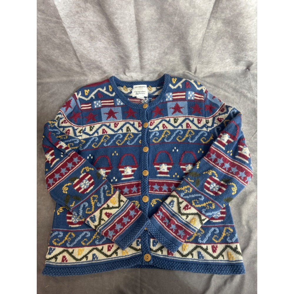 Christopher & Banks Americana Vintage Hand Embroidered Cardigan Blue M 4th‎ July